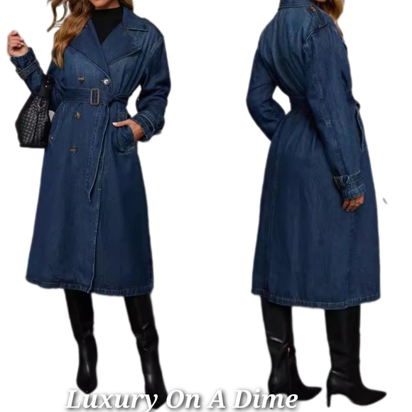 Denim Trench Coat Double Breasted Button-Up Collared Longline Belt Jean Jacket - Picture 2 of 12